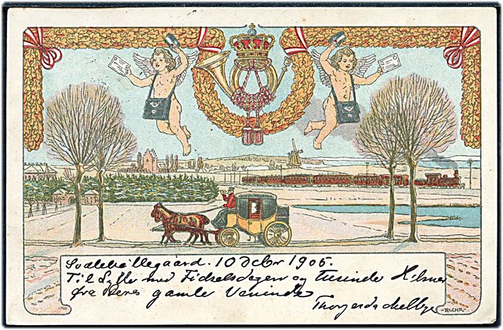 5 øre Våben på Julemærke 1905 helsagskort annulleret med stjernestempel BØDSTRUP og sidestemplet Lohals d. 10.12.1905 til København.