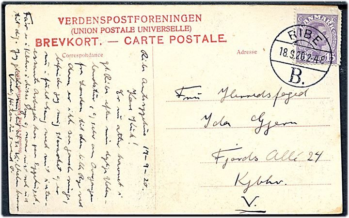 15 øre Chr. X (rift) på brevkort (Ribe, Sønderbro) annulleret med tydeligt brotype Vb Ribe B. d. 18.9.1920 til København.