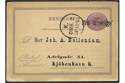 6 öre helsagsbrevkort fra Malmö annulleret med dansk skibsstempel Fra Sverige og sidestemplet K.OMB. 3 d. 28.12.1880 til København, Danmark.