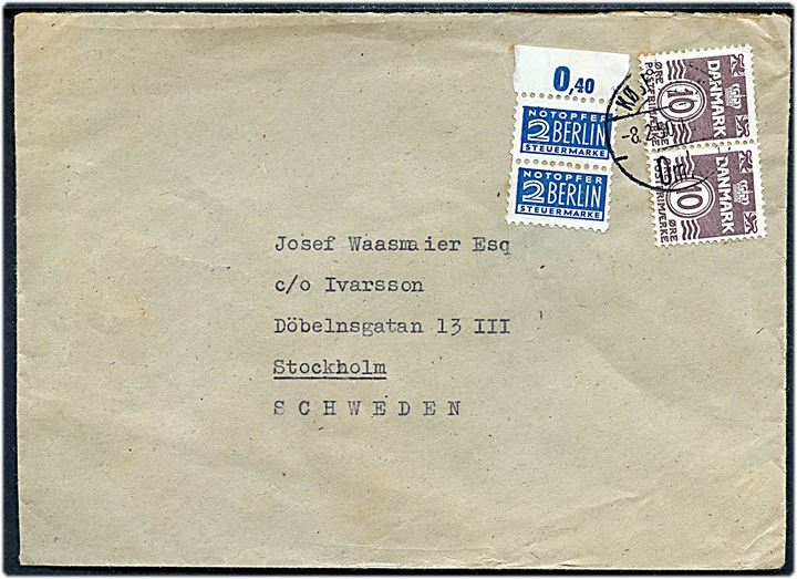 10 øre Bølgelinie i parstykke og tysk Berlin 2 pfg. Notopfer i parstykke på mystisk brev fra København d. 8.2.1950 til Stockholm, Sverige. 