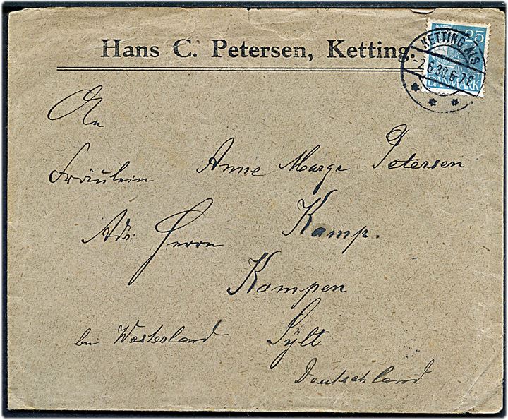 25 øre Karavel på brev annulleret med brotype IIb Ketting Als d. 2.6.1930 til Kampen, Sylt, Tyskland.
