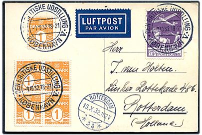 1 øre Bølgelinie i single og fireblok, samt 15 øre Luftpost på luftpostkort annulleret med særstempel Den britiske Udstilling København V. d. 8.10.1932 til Rotterdam, Holland.