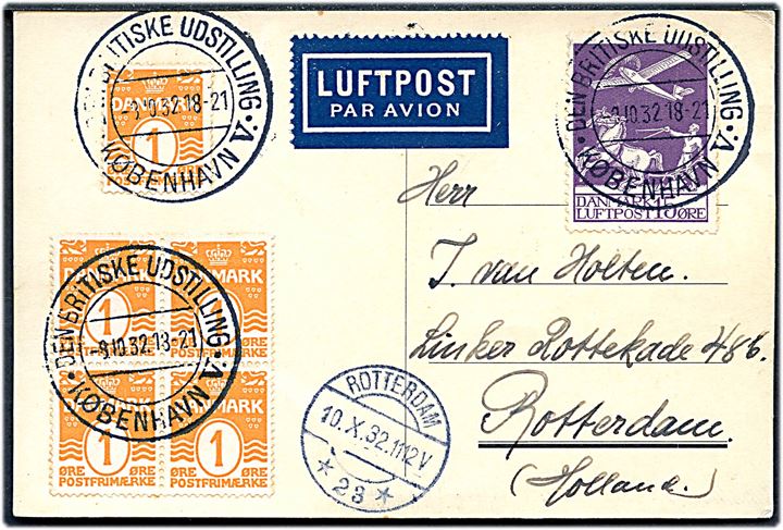 1 øre Bølgelinie i single og fireblok, samt 15 øre Luftpost på luftpostkort annulleret med særstempel Den britiske Udstilling København V. d. 8.10.1932 til Rotterdam, Holland.