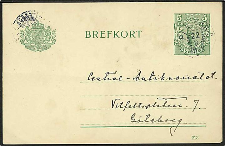 5 öre Gustaf helsagsbrevkort fra Krokam annulleret med bureaustempel PLK 306C d. 22.9.1913 til Göteborg. PLK 306C = Bastuträsk-Skellefteå