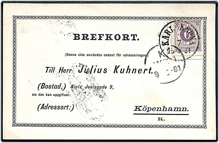 6 öre Ringtype på brevkort fra Karlskrona d. 7.5.1881 til Kjøbenhavn, Danmark.