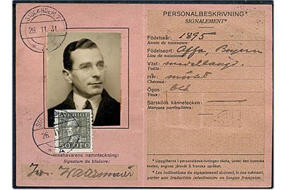 50 öre Gustaf på UPU Identitetskort med foto udstedt i Stockholm d. 26.11.1931. 