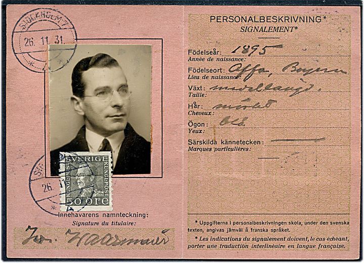 50 öre Gustaf på UPU Identitetskort med foto udstedt i Stockholm d. 26.11.1931. 