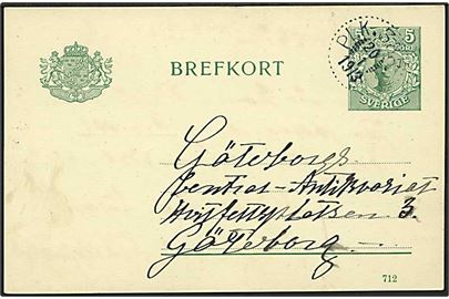5 öre Gustaf helsagsbrevkort fra Ljungskile annulleret med bureaustempel PLK 383C d. 20.1.1913 til Göteborg. PLK 383C = Strömstad-Göteborg