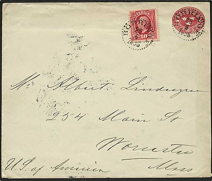10 öre helsagskuvert opfrankeret med 10 öre Oscar fra Börringe d. 25.6.1896 via Malmö til Worchester, Mass., USA.