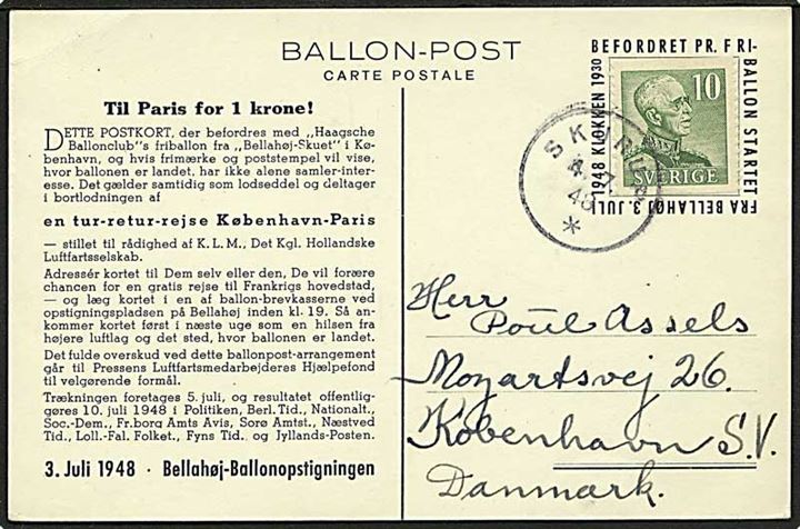 Svensk 10 öre Gustaf på Ballonpost brevkort fra Bellahøj d. 3.7.1948 stemplet Skurup d. 4.7.1948 til København, Danmark.