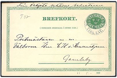 5 öre helsagsbrevkort annulleret særligt stempel Norrköping Tidn. Exp. d. 17.2.1910 til Gamleby.