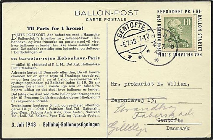 Svensk 10 öre Gustaf på Ballonpost brevkort fra Bellahøj d. 3.7.1948 stemplet Skurup d. 4.7.1948 til Gentofte, Danmark.