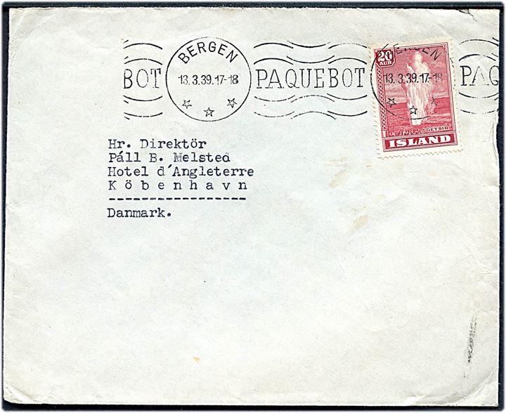20 aur Geysir single på skibsbrev fra Reykjavik annulleret med norsk skibsstempel Bergen / Paquebot d. 13.3.1939 til København, Danmark.