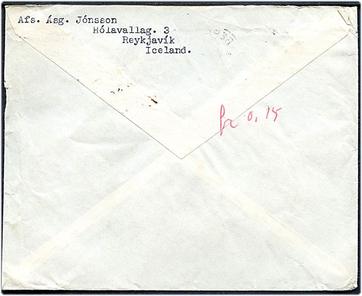 20 aur Geysir single på skibsbrev fra Reykjavik annulleret med norsk skibsstempel Bergen / Paquebot d. 13.3.1939 til København, Danmark.