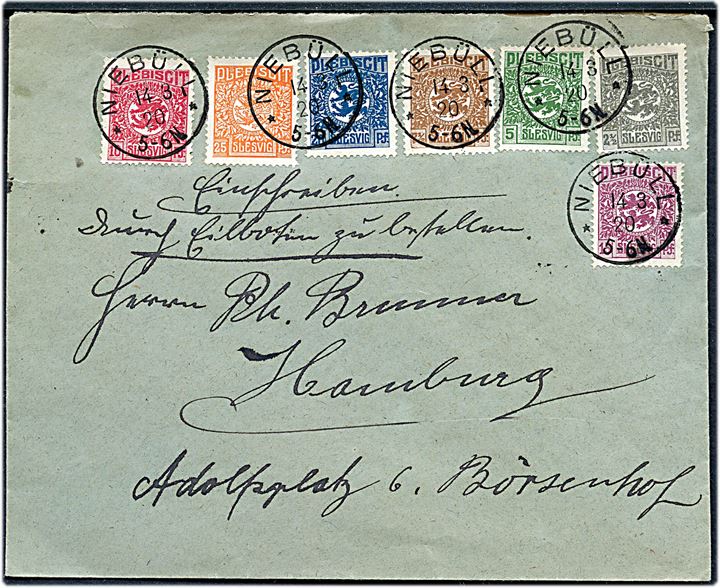 2½ pfg. til 25 pfg. Fælles udg. på filatelistisk brev stemplet Niebüll d. 14.3.1920 til Hamburg. Noteret både ekspres og anbefalet, men antagelig sendt som almindeligt brev.