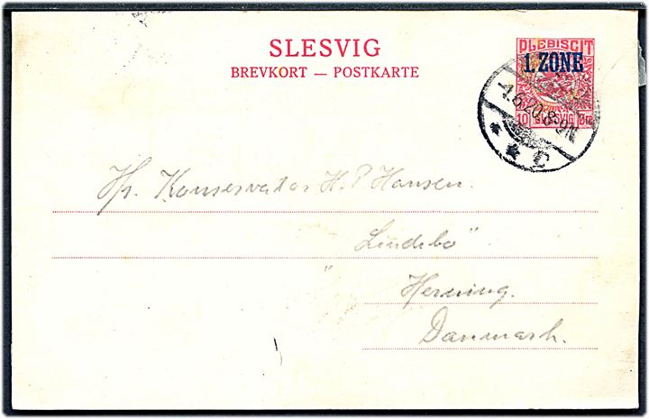 10 øre 1. Zone helsagsbrevkort annulleret Apenrade **C d. 1.6.1920 til Herning, Danmark.