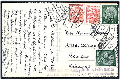 Østrigsk 3 gr. (2) og tysk 6 pfg. Hindenburg (2) på blandingsfrankeret Anschulss-brevkort stemplet Ehrnwald d. 24.4.1938 til Randers, Danmark. Et mærke yderligt placeret.