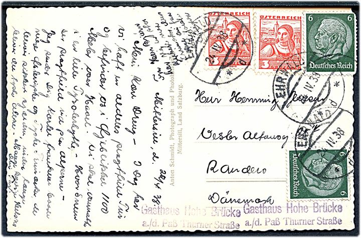 Østrigsk 3 gr. (2) og tysk 6 pfg. Hindenburg (2) på blandingsfrankeret Anschulss-brevkort stemplet Ehrnwald d. 24.4.1938 til Randers, Danmark. Et mærke yderligt placeret.
