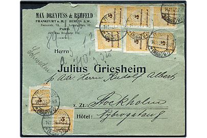 5 mia. mk. (8) savtakket på 40 mia. mk. frankeret brev fra Frankfurt d. 14.11.1923 til Stockholm, Sverige. Korrekt porto i perioden 11.-19.11.1923. Urent åbnet.