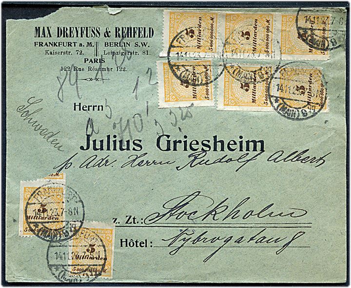 5 mia. mk. (8) savtakket på 40 mia. mk. frankeret brev fra Frankfurt d. 14.11.1923 til Stockholm, Sverige. Korrekt porto i perioden 11.-19.11.1923. Urent åbnet.