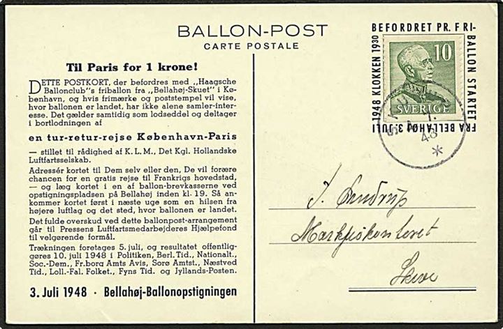 Svensk 10 öre Gustaf på Ballonpost brevkort fra Bellahøj d. 3.7.1948 stemplet Skurup d. 4.7.1948 til Skive, Danmark.