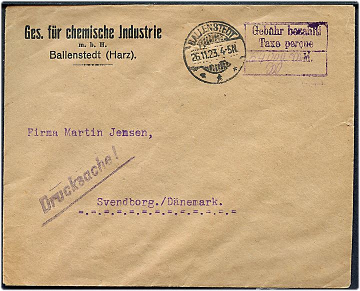 64 mia. mk. bar-frankeret tryksag med rammestempel Gebühr bezahlt / Taxe percue fra Ballenstedt d. 26.11.1923 til Svendborg, Danmark. Korrekt porto i dagene 26.-30.11.1923.