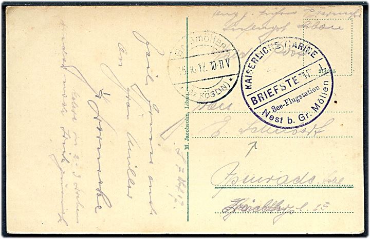 Ufrankeret feltpostkort (Gruss aus Libau) stemplet Grossmöllen *(Bz Köslin) d. 15.10.1917 og tydeligt briefstempel Kaiserlische Marine / See-Flugstation Nest b. Gr. Möllen til Tyskland.
