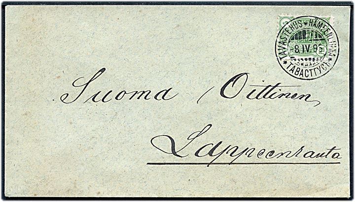 5 pen Våben på brev fra Tavastehus d. 8.4.1896 til Lappenranta. 