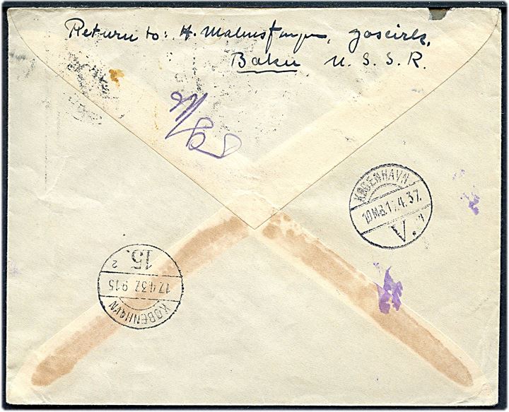 50 kop. og 1 rub. Puskin udg. på anbefalet brev fra Baku d. x.4.1937 til København, Danmark. Ank.stemplet i København d. 17.4.1937.
