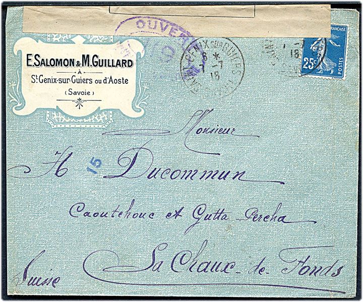 25 c. på illustreret kuvert fra St. Genix sur Guiers d. 7.7.1918 til Chaux de Fonds, Schweiz. Åbnet af fransk censur no. 119.