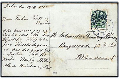 5 øre Chr. X på brevkort annulleret med stjernestempel ØRSLEV og sidestemplet Slagelse d. 14.9.1915 til København.
