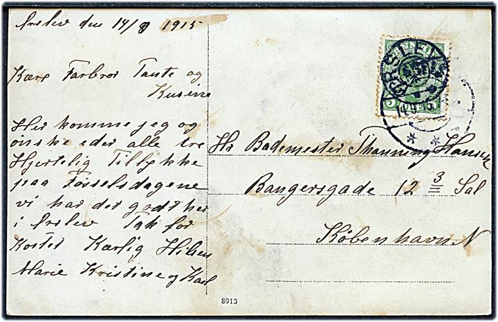 5 øre Chr. X på brevkort annulleret med stjernestempel ØRSLEV og sidestemplet Slagelse d. 14.9.1915 til København.