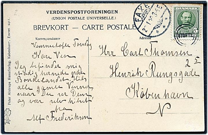 5 øre Fr. VIII på brevkort annulleret med Esrom-type stempel VTOFTE (Vemmetofte) og sidestemplet Faxe d. 22.1.1908 til København.