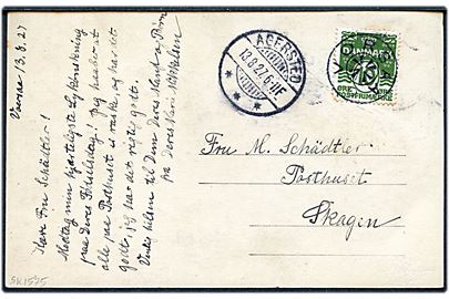 10 øre Bølgelinie på brevkort (Fotokort med havnen og robåde) annulleret med stjernestempel VORSAA og sidestemplet Agersted d. 13.8.1927 til Skagen.