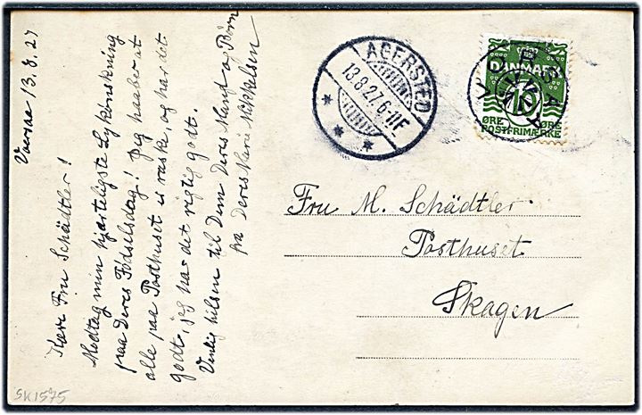 10 øre Bølgelinie på brevkort (Fotokort med havnen og robåde) annulleret med stjernestempel VORSAA og sidestemplet Agersted d. 13.8.1927 til Skagen.