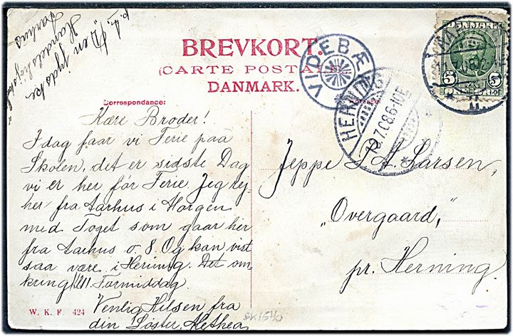 5 øre Fr. VIII på brevkort fra Aarhus d. 11.7.1908 til Overgaard pr. Herning. Ank.stemplet med stjernestempel VIDEBÆK og sidestemplet Herning d. 13.7.1908.