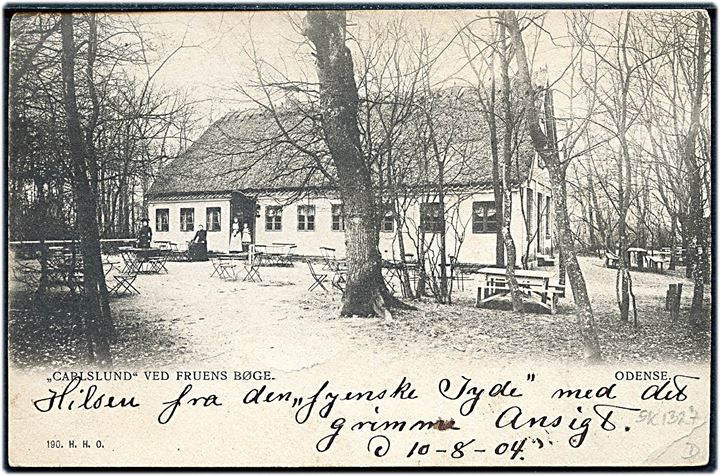 5 øre Våben på brevkort (Carlslund ved Fruens Bøge) annulleret med stjernestempel SØNDERSØ og sidestemplet Odense d. 10.8.1904 til Klampenborg.