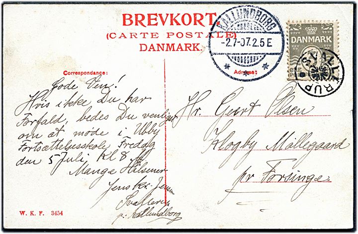 3 øre Bølgelinie på lokalt brevkort annulleret med stjernestempel SVALLERUP og sidestemplet Kallundborg d. 2.7.1907 til Klogby Møllegaard pr. Forsinge.