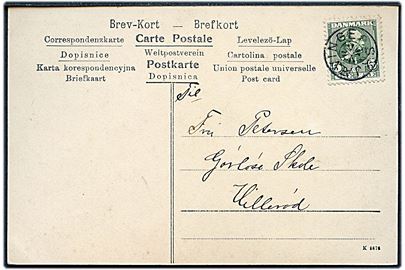 5 øre Chr. IX på brevkort dateret d. 10.1.1907 annulleret med stjernestempel SKJÆVINGE til Gørløse skole pr. Hillerød.