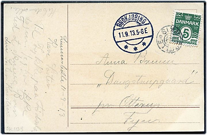 5 øre Bølgelinie på brevkort annulleret med stjernestempel SIMMERBØLLE og sidestemplet Rudkjøbing d. 11.9.1913 til Otterup.