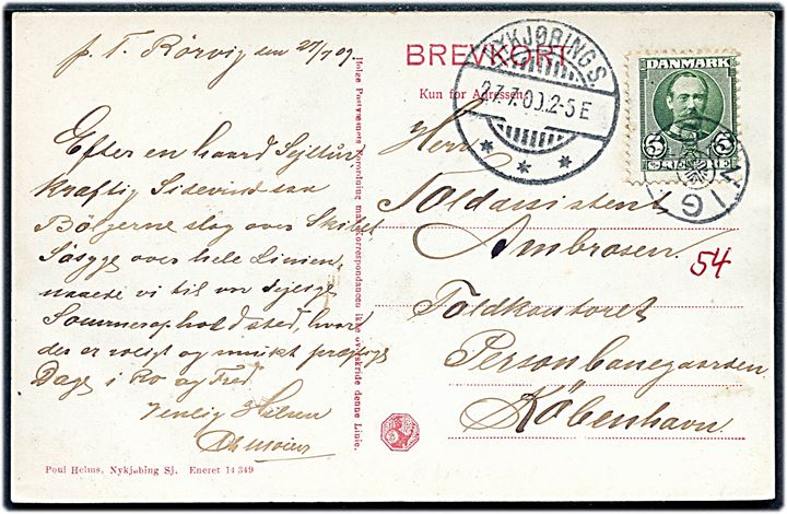 5 øre Fr. VIII på brevkort (Nykøbing Sj., Dybesø og Strandhotellet) annulleret med stjernestempel RØRVIG og sidestemplet Nykjøbing S. d. 27.7.1909 til København.