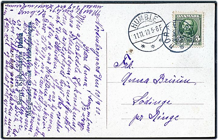 5 øre Fr. VIII på brevkort annulleret med stjernestempel NORDENBRO og sidestemplet Humble d. 11.11.1910 til Sødinge pr. Ringe.