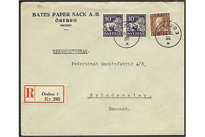 10 öre Løve i par og 15 öre Gustaf på anbefalet brev fra Örebro d. 28.12.1936 til Brønderslev, Danmark.