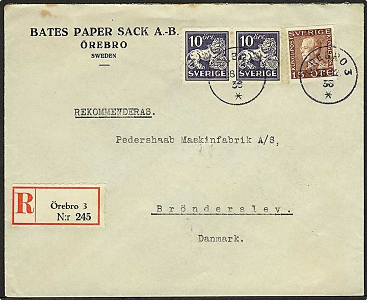 10 öre Løve i par og 15 öre Gustaf på anbefalet brev fra Örebro d. 28.12.1936 til Brønderslev, Danmark.