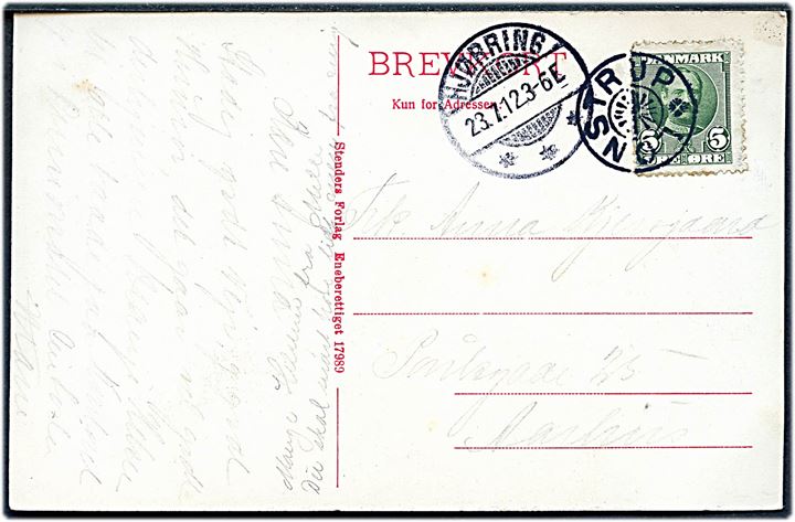 5 øre Fr. VIII på brevkort annulleret med stjernestempel LØNSTRUP og sidestemplet Hjørring d. 23.7.1912 til Aarhus.