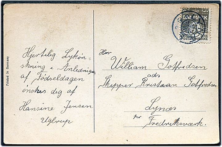 3 øre Bølgelinie på lokalt brevkort annulleret med stjernestempel LYNÆS til Lynæs.