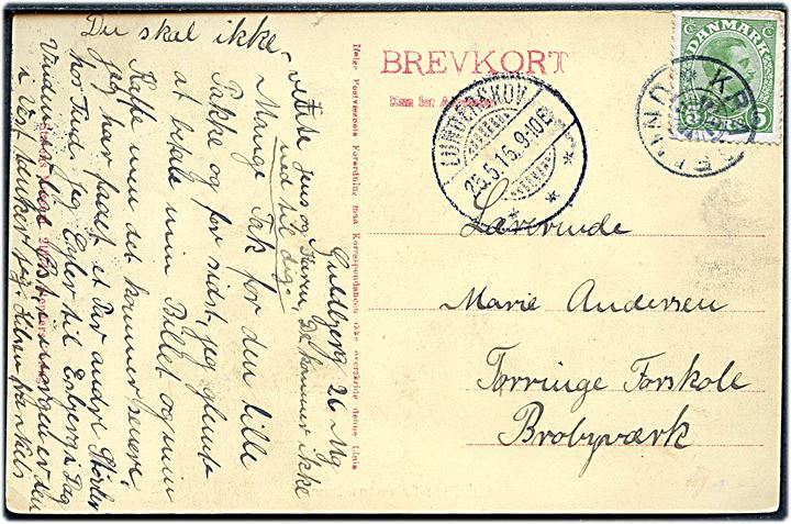 5 øre Chr. X på brevkort annulleret med stjernestempel KRAGELUND og sidestemplet Lunderskov d. 25.5.1916 til Brobyværk.
