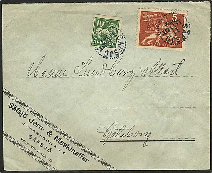 5 öre UPU jubilæum og 10 öre Løve på brev fra Säfsjö d. 11.11.1924 til Göteborg.