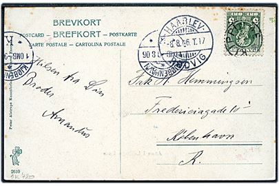 5 øre Chr. IX på brevkort annulleret med stjernestempel KLIPPINGE og sidestemplet bureau Haarlev - Rødvig T.17 d. 8.8.1906 til København.