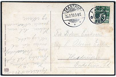 5 øre Bølgelinie på brevkort annulleret med stjernestempel KARLSLUNDE og sidestemplet Taastrup d. 28.2.1913 til Gadstrup.